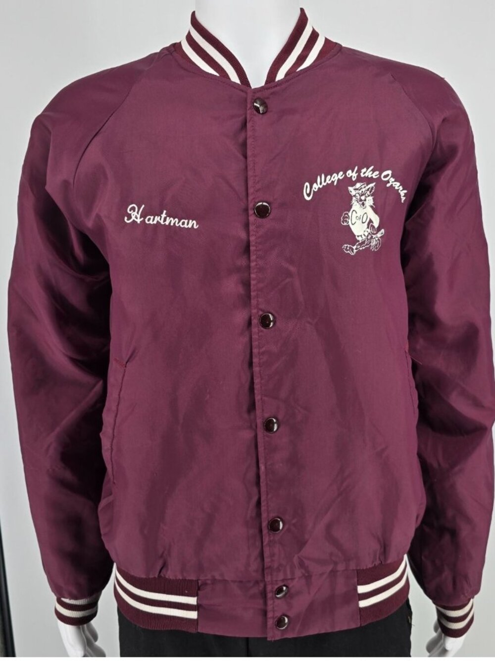Vintage 1980s Hartwell College of the Ozarks Bobcats Satin Bomber Jacket (L)